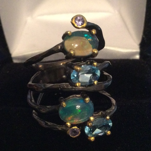 Genuine Opals & Blue Topaz Ring - Picture 4 of 14